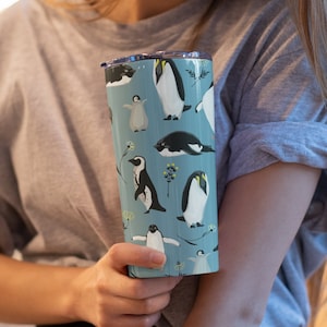 Cute Penguin Tumbler, 20 oz, Baby Penguin Floral Travel Mug Insulated Cup, Wildflower Tumbler for Animal Lovers