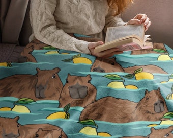 Capybara Blanket - Capy Chilling in Yuzu Bath, Lemon, Orange Blue Velveteen Minky Blanket for Capybara Animal Lovers, Carpincho Home Decor