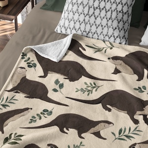 Otter Baby Blanket  - Beige Floral Minky Throw Blanket for Cute Animal Lovers, Sea Otter Lover Home Decor, Flower Mothers Day Gift