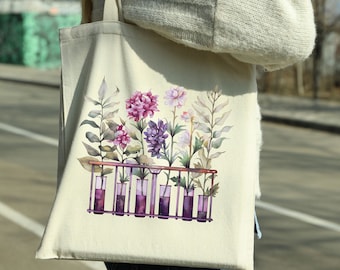 Floral Science Tote Bag, Laboratory Science Teacher Appreciation, Chemistry Gift for Teacher, PhD Graduation MLT Medical Lab Tech Technician