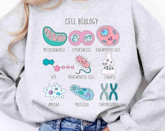 Puede incluir: Una sudadera gris con un estampado gráfico de varios diagramas de biología celular, incluyendo mitocondrias, citocinesis, célula eucariota, célula procariota, sinapsis, ameba, protozoo y cromosomas. El texto "CELL BIOLOGY" está impreso sobre los diagrammes.