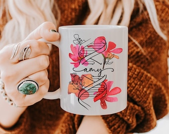 Taza de ADN personalizada, taza de café de genética de biología molecular, regalos de bioquímica personalizados de laboratorio médico MLT, regalo de doctorado de asesor genético para ella