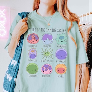 May include: A light blue t-shirt with a graphic of cells of the immune system. The cells are illustrated with cute faces and labeled with their names: eosinophil, monocyte, macrophage, plasma cell, dendritic cell, B lymphocyte, T lymphocyte, neutrophil, and NK cell.