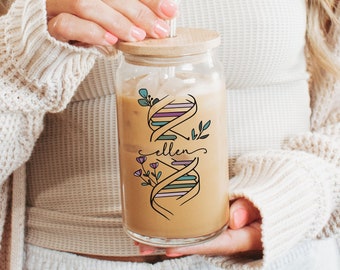 Personalized DNA Cup, Custom Molecular Biology Laboratory Glass Mug, Biochemistry PhD Graduation Gift, Genetic Counselor Bioinformatics Gift