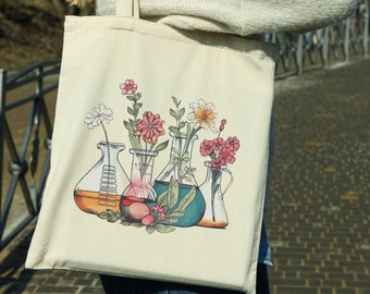 Floral Beakers Tote Bag, Laboratoriumwetenschappen Leraar Waardering, Scheikunde Cadeau voor Leraar, Terug naar School MLT Medical Lab Tech Technician