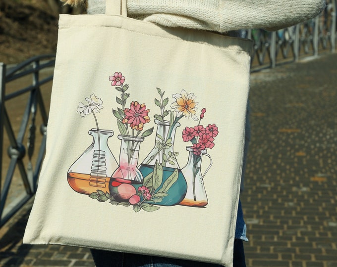 Floral Beakers Tote Bag, Laboratory Science Teacher Appreciation, Chemistry Gift for Teacher, Back to School MLT Medical Lab Tech Technician