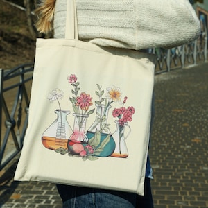 Sac fourre-tout floral pour béchers, appréciation d'un professeur de sciences de laboratoire, cadeau de chimie pour enseignant, technicien technique de laboratoire médical MLT pour la rentrée