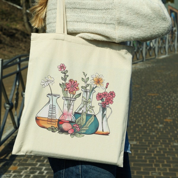 Sac fourre-tout floral pour béchers, remerciement pour un professeur de sciences de laboratoire, cadeau de chimie pour professeur, technicien technique de laboratoire médical MLT pour la rentrée des classes