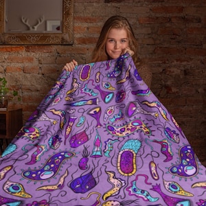 Purple Microbiology Bacteria Throw Blanket, Microorganism Home Decor Microbiology Gifts, Biology Teacher, Medical Lab Scientist Graduation