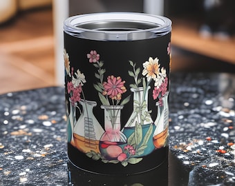 Chemistry Beaker Tumbler 10oz, Floral Lab Mug, Biology Organic Chemistry Biochemistry Teacher Insulated Travel Mug Laboratory Scientist Gift