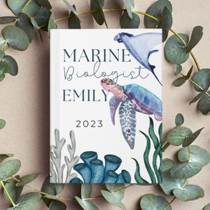Marine Biology Personalized Gift, Journal for New Biologist, Custom Name PhD Graduation Sea Turtle Jellyfish Watercolor Notebook