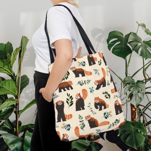 Red Panda Floral Tote Bag, Cute Animal Fans Tote, Red Panda Bear Birthday Gift For Her, Aesthetic Tote Bag Flowers, Grocery Shopping Bag