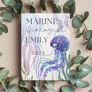 Marine Biology Personalized Gift, Journal for New Biologist, Custom Name PhD Graduation Gifts Jellyfish Watercolor Notebook