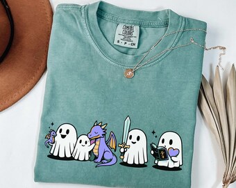 Halloween Bookish T-Shirt, Dragon Romantasy Book Lover Gift, Booktok Bookstagram Ghost Shirt, Bookworm Gifts, Fantasy Reading Shirt