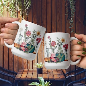 Chemistry Floral Beakers Glossy Mug, Organic Chemistry Equipment Gifts, Biochemistry Teacher Gift, Laboratory Technician Mug