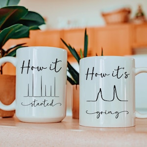 May include: Two white ceramic mugs with black text. One mug reads "How it started" with a line graph design, and the other reads "How it's going" with a different line graph design. Both mugs have a handle.