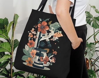 Floral Microscope Microbiology Tote Bag, Science Mom, Biology Teacher, Graduation Gift for Microbiologist, Virology, Cell Biology Tote Bag