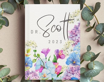 Personalized Gift for Doctor, New Dr Journal, Custom Name PhD Doctorate Medical School Graduate Floral Watercolor Notebook, PhD Graduation