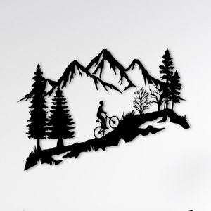 Arte de pared de metal de ciclista, arte de pared de montaña, adornos de pared de bicicleta, decoración de bosque y arte de pared de naturaleza, regalos para amantes de la bicicleta,