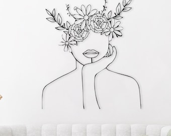 Floral Woman Metal Wall Art, Minimalist Line Art Decor Flower Thinking Women