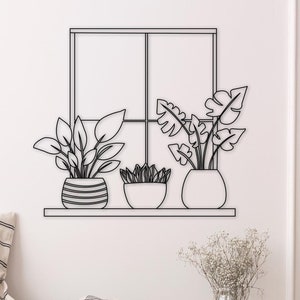 Flower Pot in Front of Window Metal Wall Art, Flowers Decor, Flower Wall Decor, Floral Large Wall Art, Metal Housewarming Gift, Flowers Art,