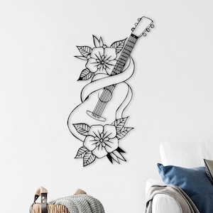 Guitar Metal Wall Art, Music Metal Wall Decor, Music Lover Gift, Musician Minimalist Decor, Blooming Guitar Art, Wall Hangings, Flower Decor