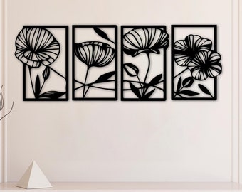 Decoración floral minimalista de pared con flores de metal, 4 piezas