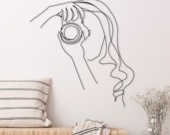 Minimalist Photographer Metal Wall Art: Woman with Camera-Studio Decor
