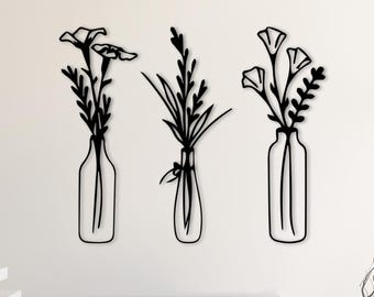 Arte de pared de metal con flores: decoración de acero para el hogar de 3 piezas