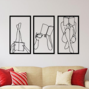 Book Set Minimalist Wall Art, Metal Wall Art, Wall Decor, Library Decor, Woman Reading Book Decor, Book Lover Gift, Minimalist Wall Art, 3D,