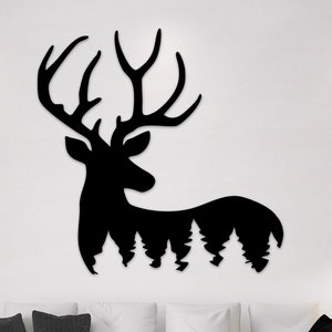 Arte murale in metallo con cervo, decorazione della foresta di alci, regalo per gli amanti della montagna con renne, arte murale con cervo su albero, arte murale con animali selvatici, decorazione rustica