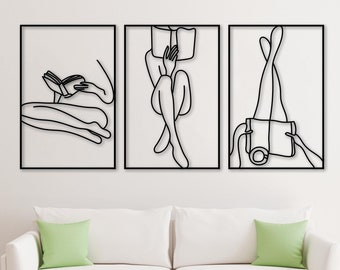 Arte de pared minimalista con libros, arte de pared de metal, decoración de biblioteca, decoración de mujer leyendo un libro, regalo para amantes de los libros, arte de pared con estantería, 3D, decoración de pared