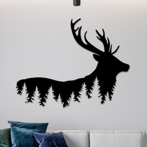 Arte de pared de metal con diseño de ciervos en el bosque, decoración de bosque de alces, regalo para amantes de la montaña con renos, arte de pared con ciervos en los árboles, arte de pared con animales salvajes y naturaleza, decoración rústica