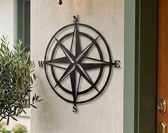 Metal Compass Sign for Nautical Wall Decor, Large Rose Outdoor Art Plaque, Coastal Porch Hanging, Travel Explorer Gift, Unique Housewarming