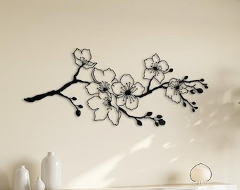 Sakura Metal Wall Art, Cherry Blossom Metal Wall Decor, Japanese Floral Line Art, Over the Bed Decor, Minimalist Flower Branch Wall Hanging
