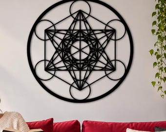 Decoración de pared metálica con forma de cubo de Metatrón, arte de geometría sagrada, mandala geométrico, estilo bohemio para el hogar, acero negro, obra de arte impactante para sala de estar, dormitorio y oficina.