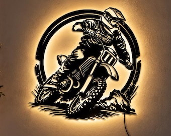 Motorcycle Wall Art, LED Metal Wall Decor, Biker Garage Decor, Motorcycle Rider Art, Cave Decor, Motorcycle Gift, Illuminated Metal Art