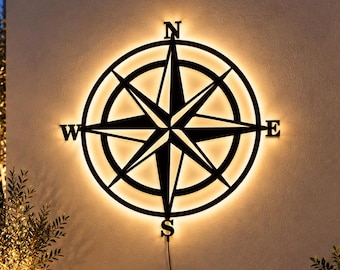 Led Mountain Compass Metal Wall Art, Compass Decor, Adventure Wall Decor, Rustic Modern Wall Decor, Travel Gifts, Large Compass Wall Sign