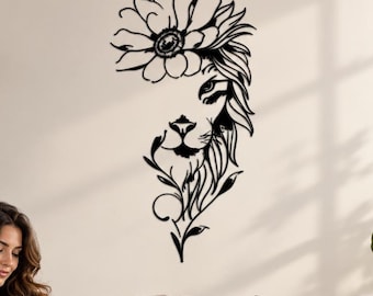Metal Floral Lion Wall Art, Botanical Lion King Sign, Large Flower Animal Wall Decor, Eco Friendly Metal Line Art Modern Living Room Hanging