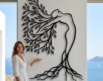 Tree of Life Metal Wall Art, Woman Figure Silhouette, Nature Inspired Home Decor, Large Metal Wall Sculpture, Living Room Wall Hanging