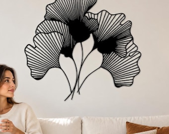 Ginkgo Metal Wall Art, Botanical Floral Decor, Longevity Symbol, Modern Home Accent, Living Room Bedroom Office Decor, 12 to 48 Inch, Colors