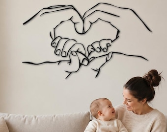 Family Hands Heart Metal Wall Art, Minimalist Parent Baby Line Art, Family Wall Decor, Housewarming Gift, Above Bed Wall Art, Heart Sign