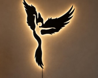Phoenix Wall Art, LED Metal Phoenix Decor, Rebirth Rising From Ashes, Illuminated Wall Sculpture, New Beginnings Gift, Modern Home Decor Art
