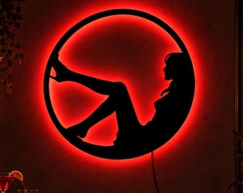 Illuminated Woman Metal Wall Art, Neon Silhouette, Bar Lounge Decor, LED Wall Light, Multiple Colors, Modern Home Bar Accent, Bedroom Decor