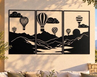 Hot Air Balloon Metal Wall Art, Mountain Landscape Decor, 3 Piece Triptych Set, Large Metal Decor, Living Room Bedroom Office Gift, Home Art