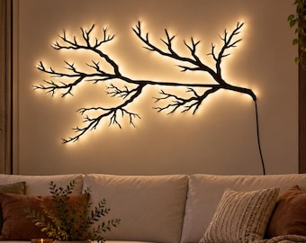 LED Metal Tree Branch Wall Art, Backlit Nature Wall Decor, 3D Floating Light Sculpture, Modern Rustic Home Decor, Outdoor Wall Art