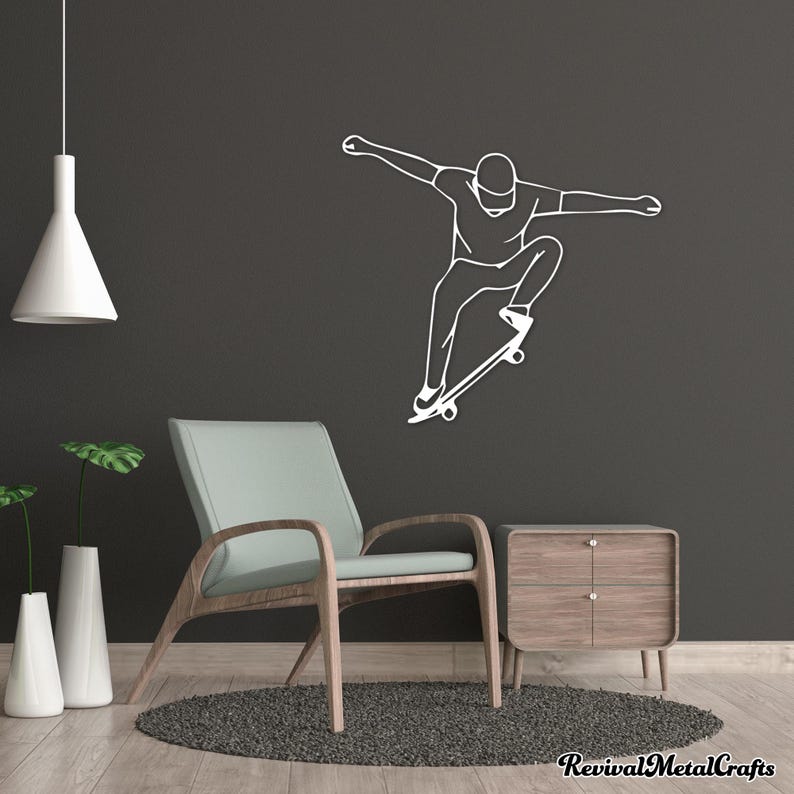 May include: White silhouette of a person skateboarding on a gray wall. The person is wearing a hat and is in mid-air. The skateboard is below the person and has wheels.