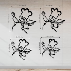 May include: Four black metal wall art silhouettes of a chef wearing a tall hat and holding a serving tray. The sizes are labeled as 90 cm (36 inches), 75 cm (30 inches), 60 cm (24 inches), and 45 cm (18 inches) with corresponding dimension lines.