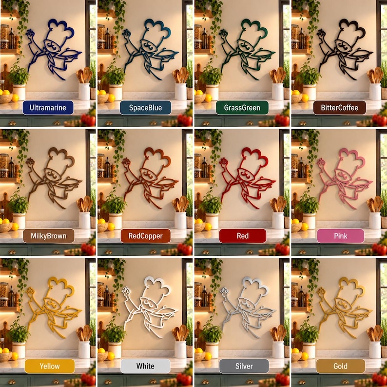 May include: A collection of twelve wall-mounted metal chef silhouettes in various colors including ultramarine, space blue, grass green, bitter coffee, milky brown, red copper, red, pink, yellow, white, silver, and gold, each holding a plate.
