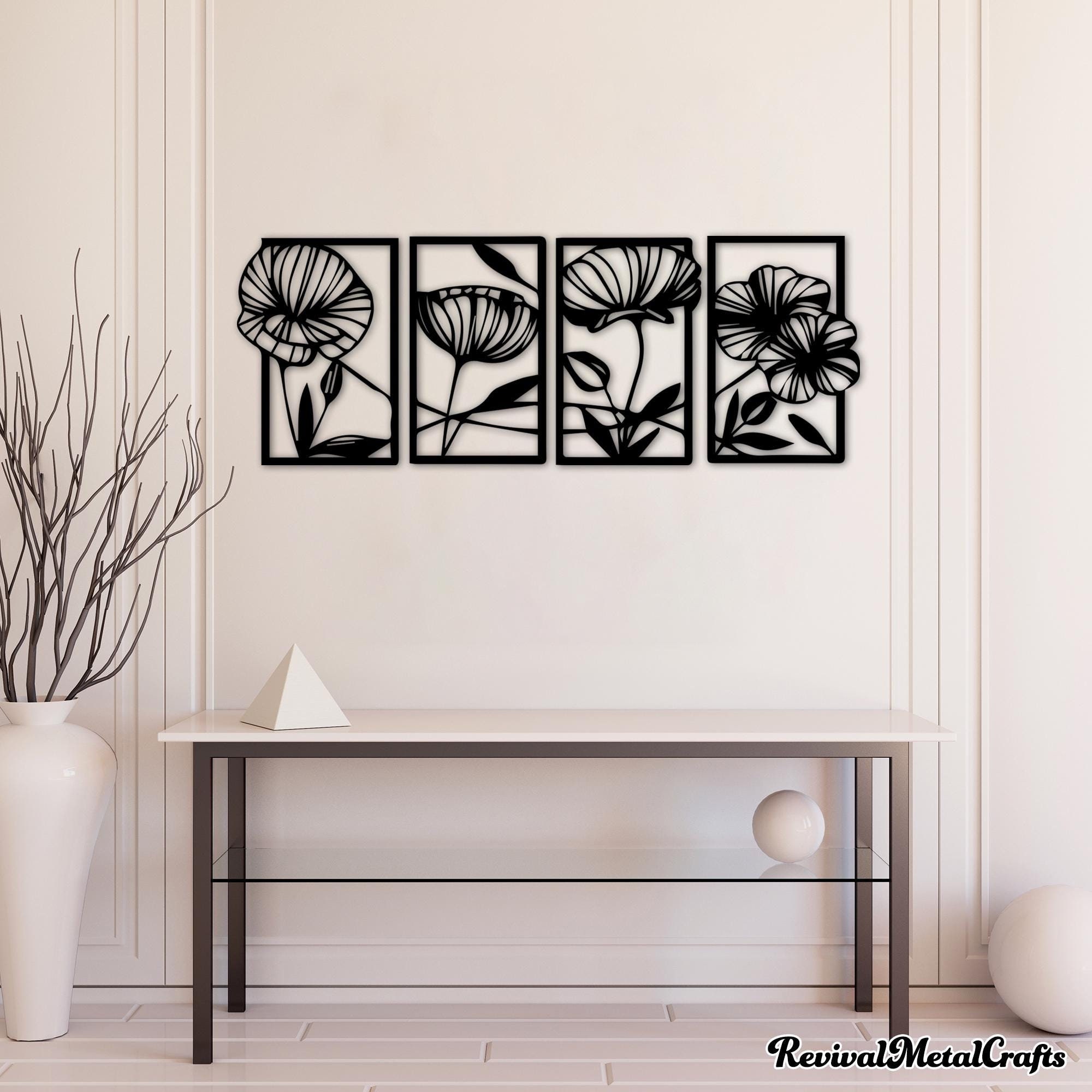 Pduoduo - Décoration Murale Métal Noir Motif Floral - Lot De 3 Sculptures Minimalistes - 43x25 Cm Chacune - Style Moderne Pour Salon Et Chambre - 5